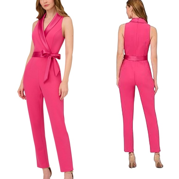 Adriana Papell Sleeveless Crepe Jumpsuit with Tuxedo Collar  Size 16 - Picture 1 of 7
